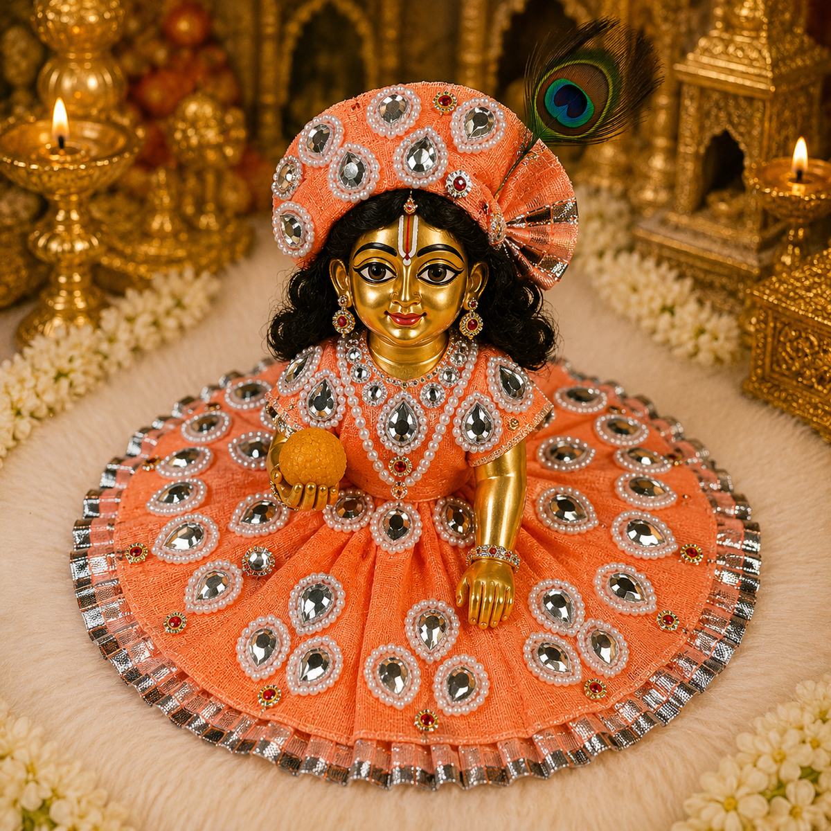 Orange Designer Laddu Gopal Poshak with Stone & Pearl Work