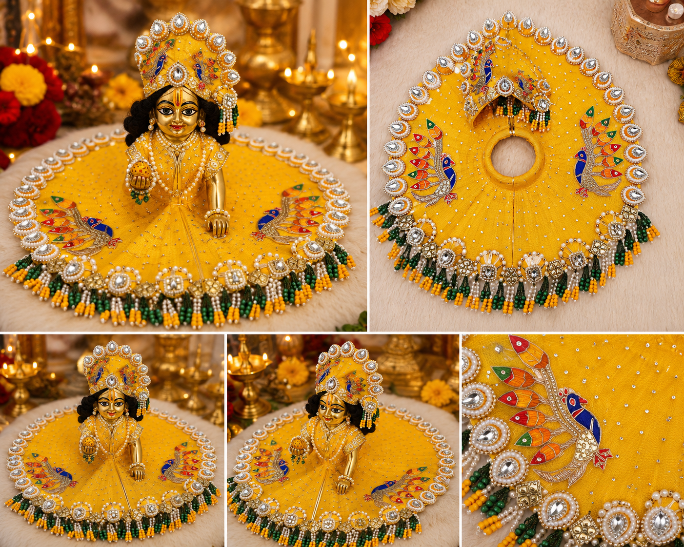 Premium Yellow Laddu Gopal Poshak with Mukut | Peacock Dress
