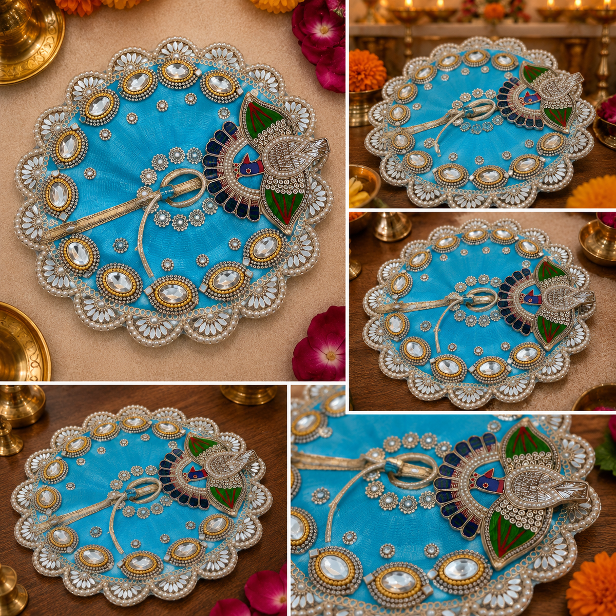 Skyblue Laddu Gopal Poshak with Peacock Design, Kundan Stone & Pearl Work