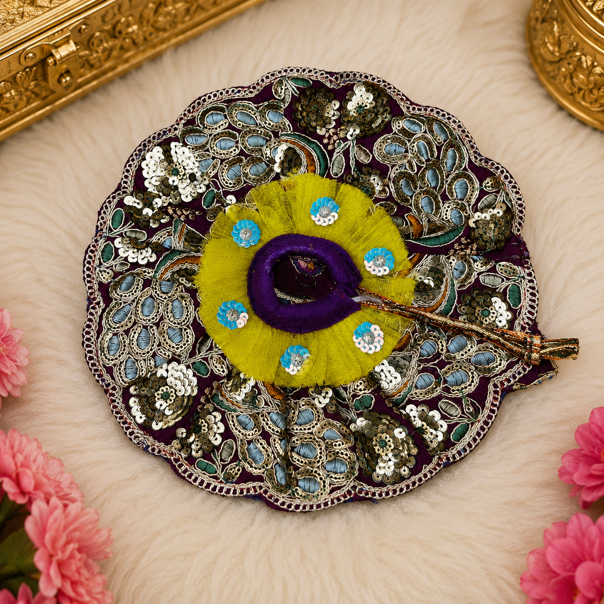 Laddu Gopal Ji Purple Yellow Designer Poshak
