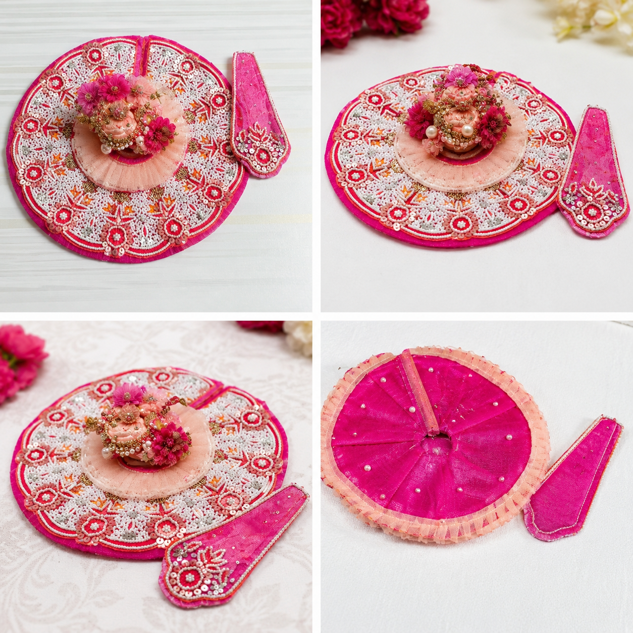 Handmade Pink Laddu Gopal Dress with Mukut | Heavy Pearl Embroidery Krishna Ji Poshak