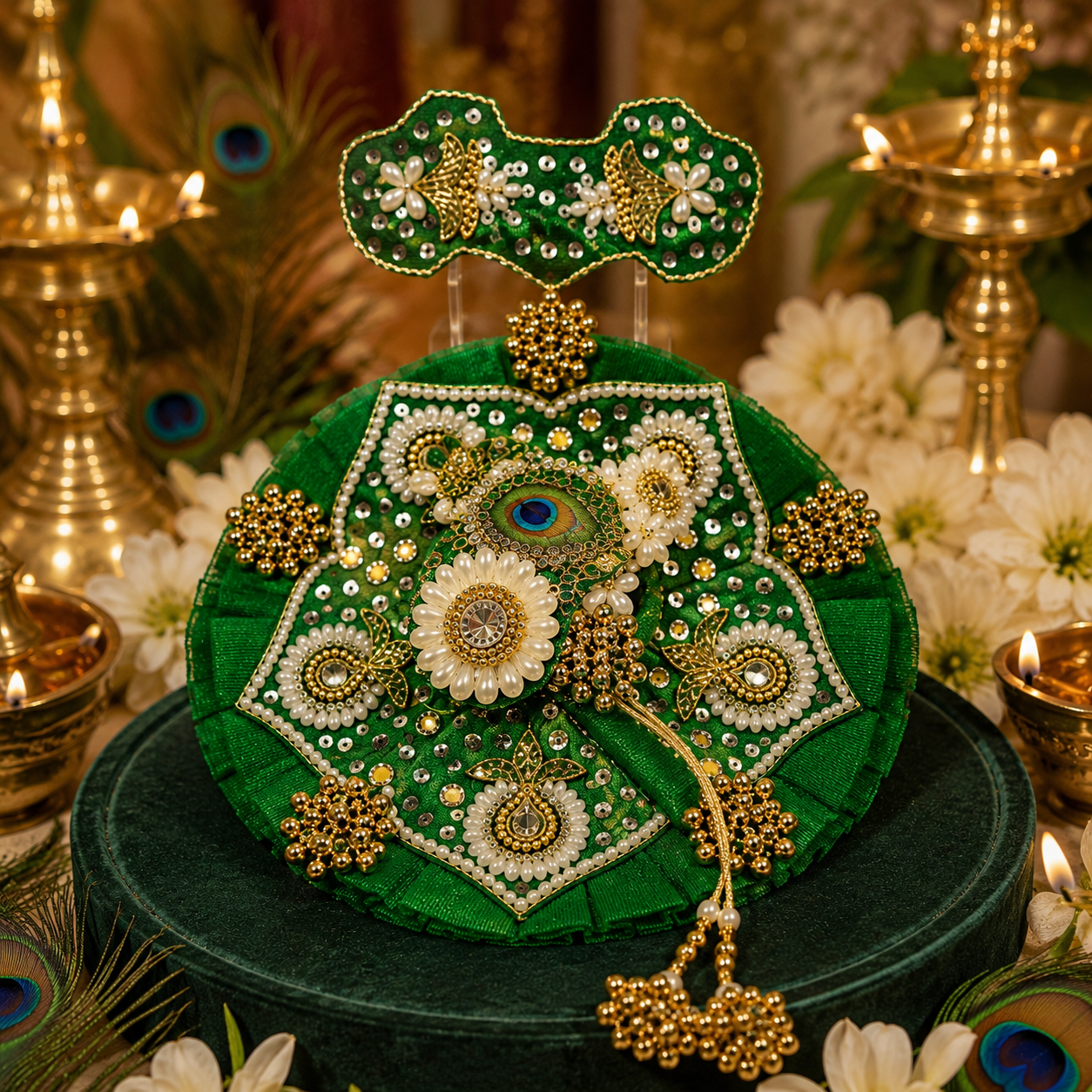 Emerald Green Laddu Gopal Dress | Designer Mukut & Pearl Embroidery Poshak