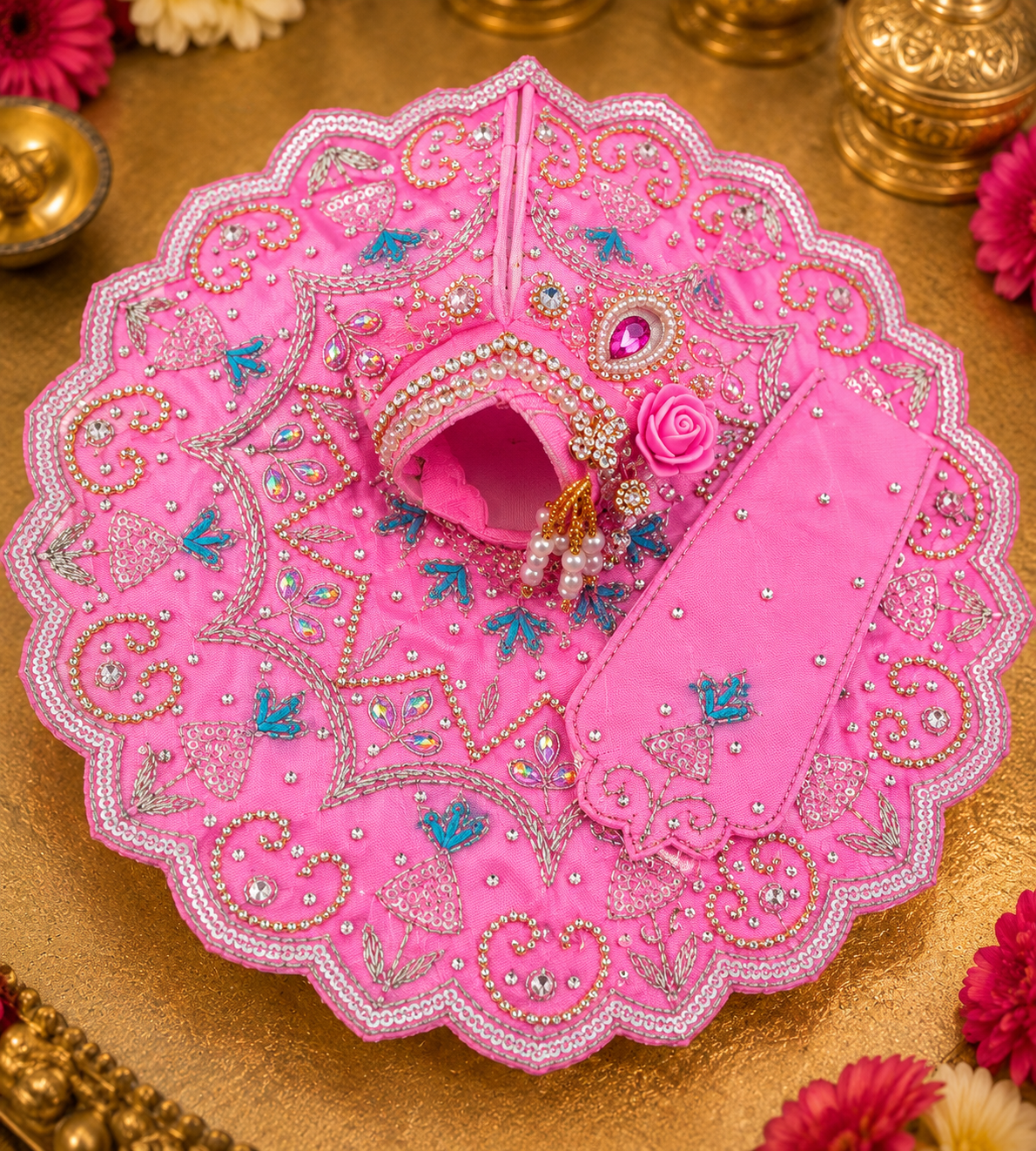 Designer Pink Laddu Gopal Dress with Mukut | Heavy Handwork Krishna Ji Poshak