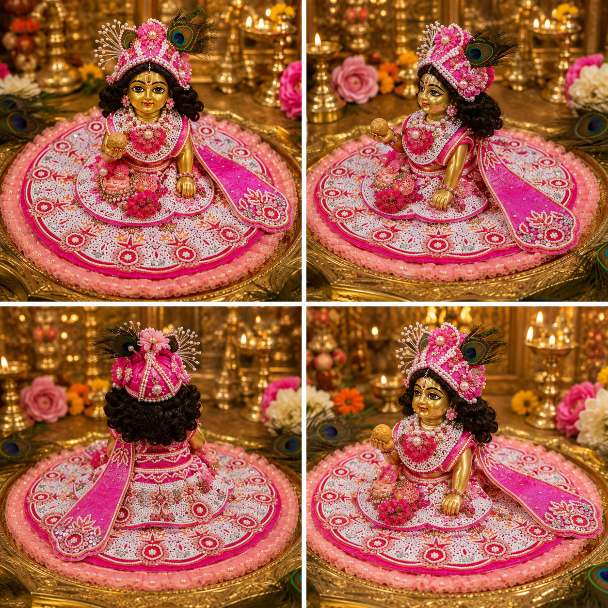 Handmade Pink Laddu Gopal Dress with Mukut | Heavy Pearl Embroidery Krishna Ji Poshak