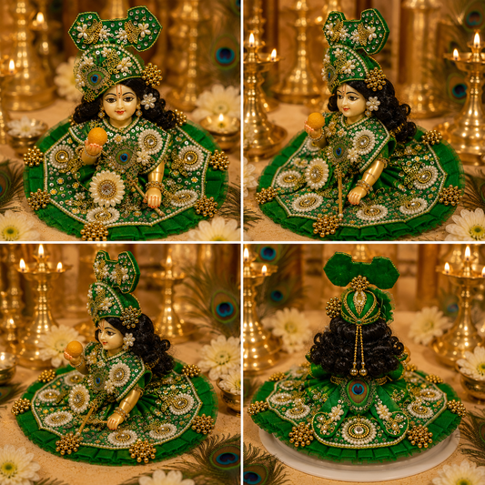 Emerald Green Laddu Gopal Dress | Designer Mukut & Pearl Embroidery Poshak