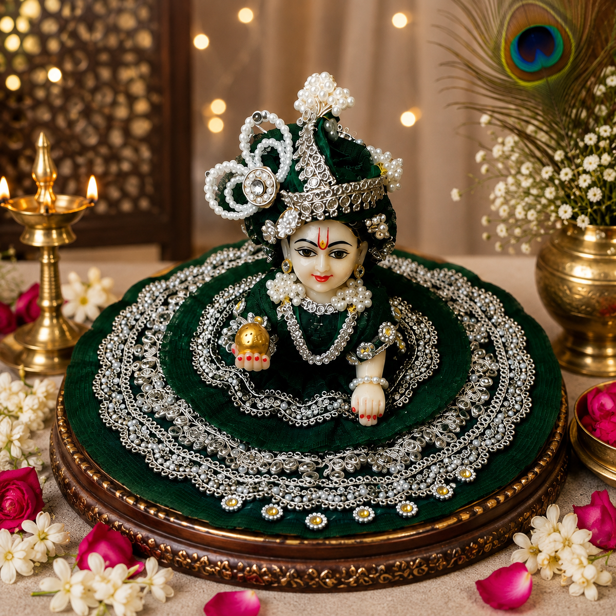 Dark Green Designer Laddu Gopal Poshak | Handmade Krishna Ji Dress with Mukut