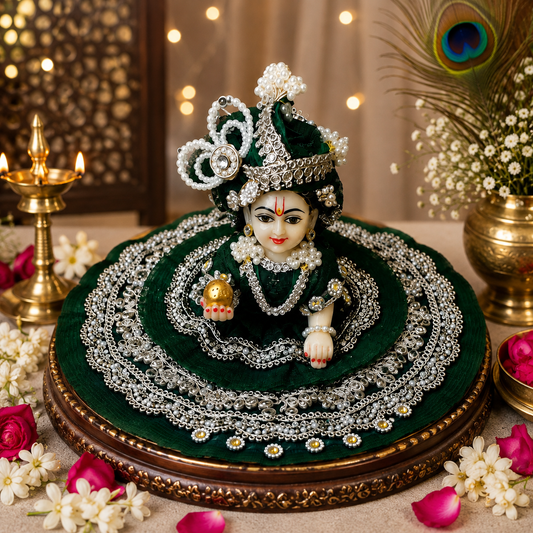 Dark Green Designer Laddu Gopal Poshak | Handmade Krishna Ji Dress with Mukut