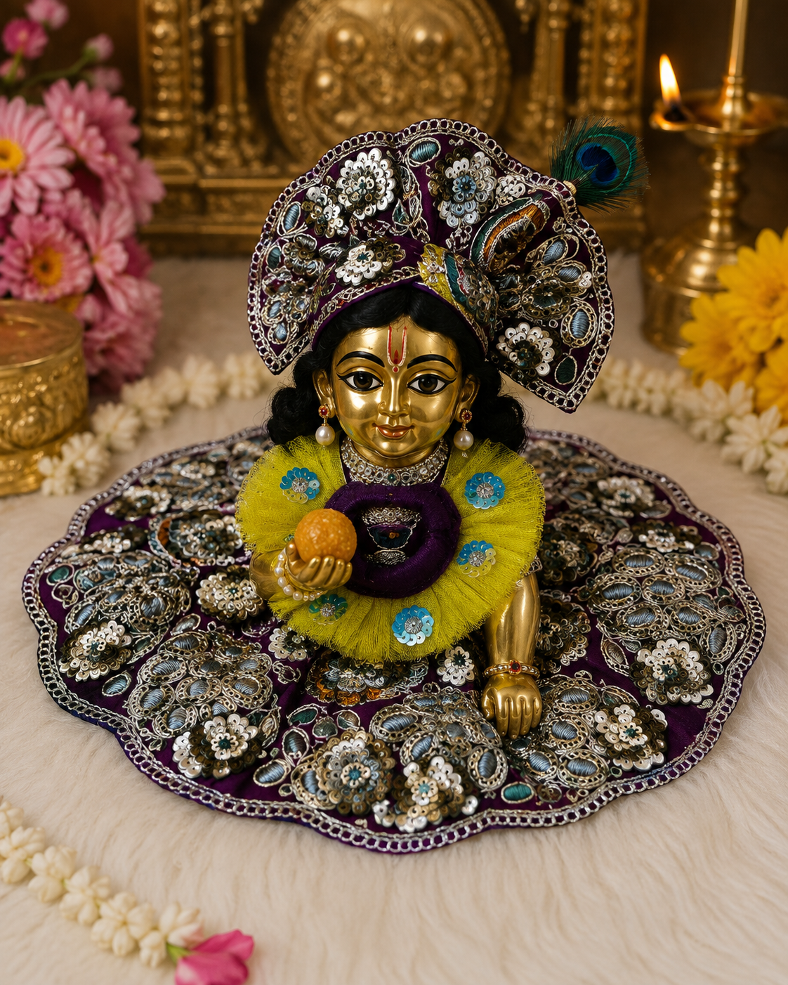 Laddu Gopal Ji Purple Yellow Designer Poshak