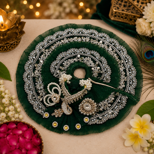 Dark Green Designer Laddu Gopal Poshak | Handmade Krishna Ji Dress with Mukut