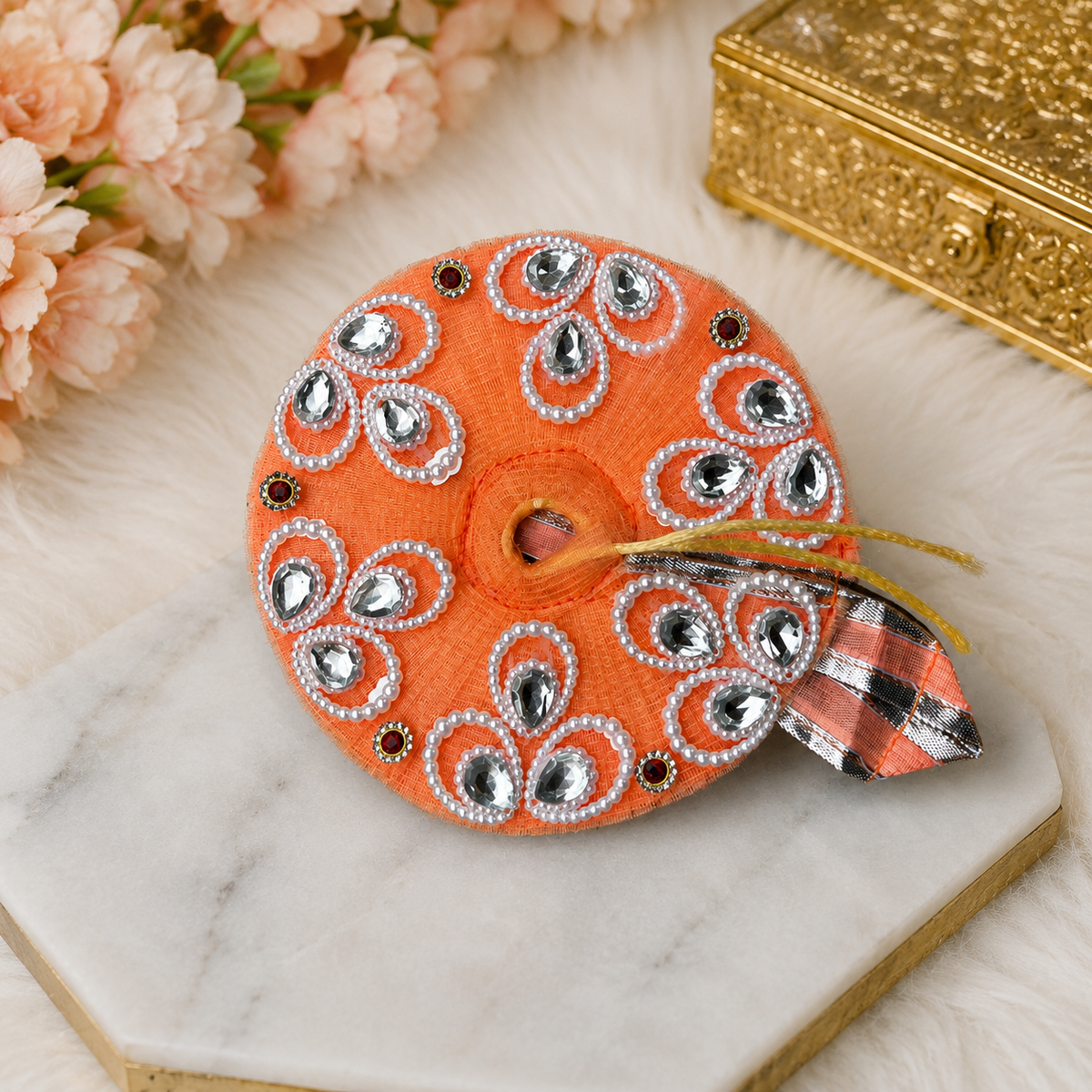 Orange Designer Laddu Gopal Poshak with Stone & Pearl Work