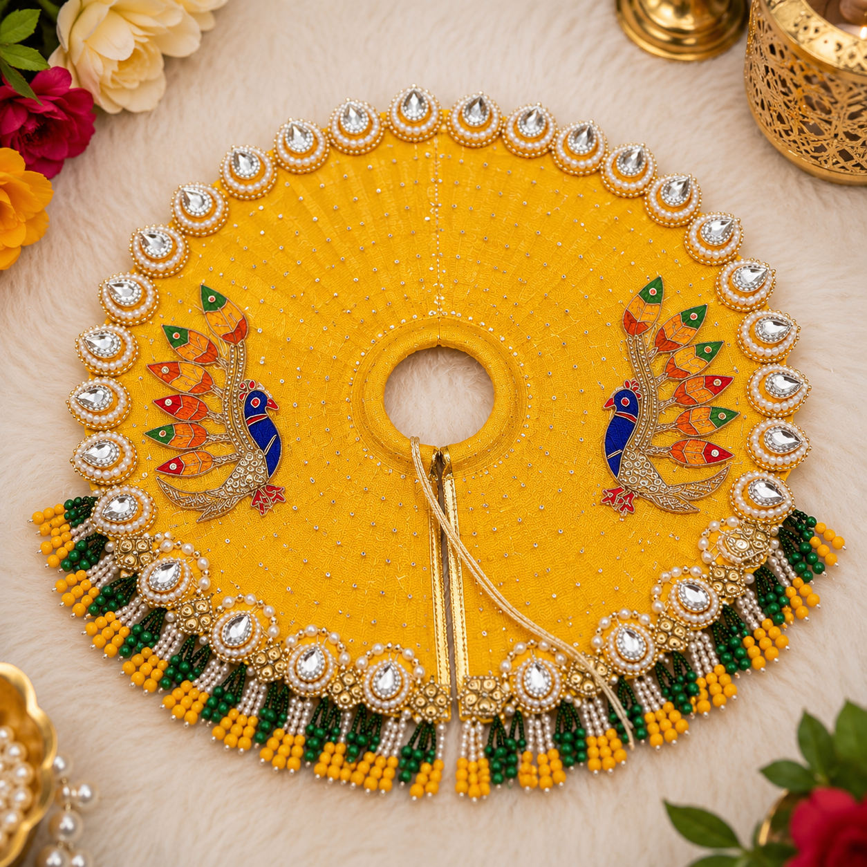 Premium Yellow Laddu Gopal Poshak with Mukut | Peacock Dress