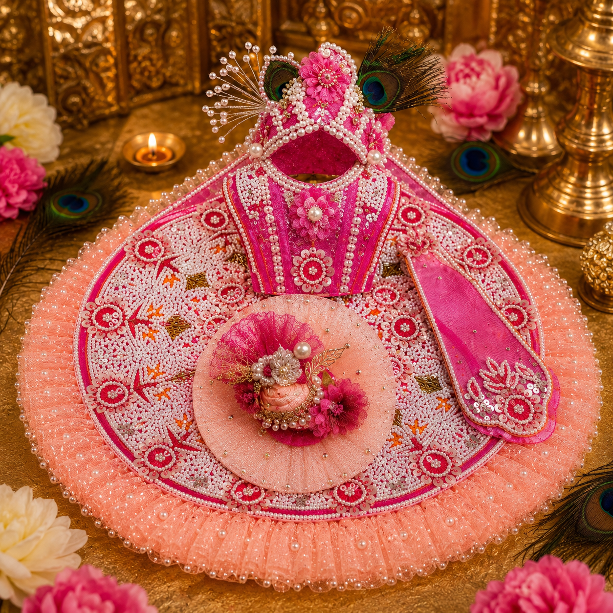 Handmade Pink Laddu Gopal Dress with Mukut | Heavy Pearl Embroidery Krishna Ji Poshak