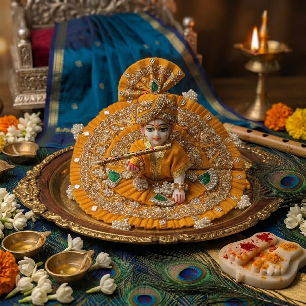 Mustard Yellow Laddu Gopal Poshak with Mukut | Handmade Dress