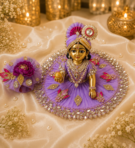 Premium Handmade Laddu Gopal Lavender Dress with Matching Mukut