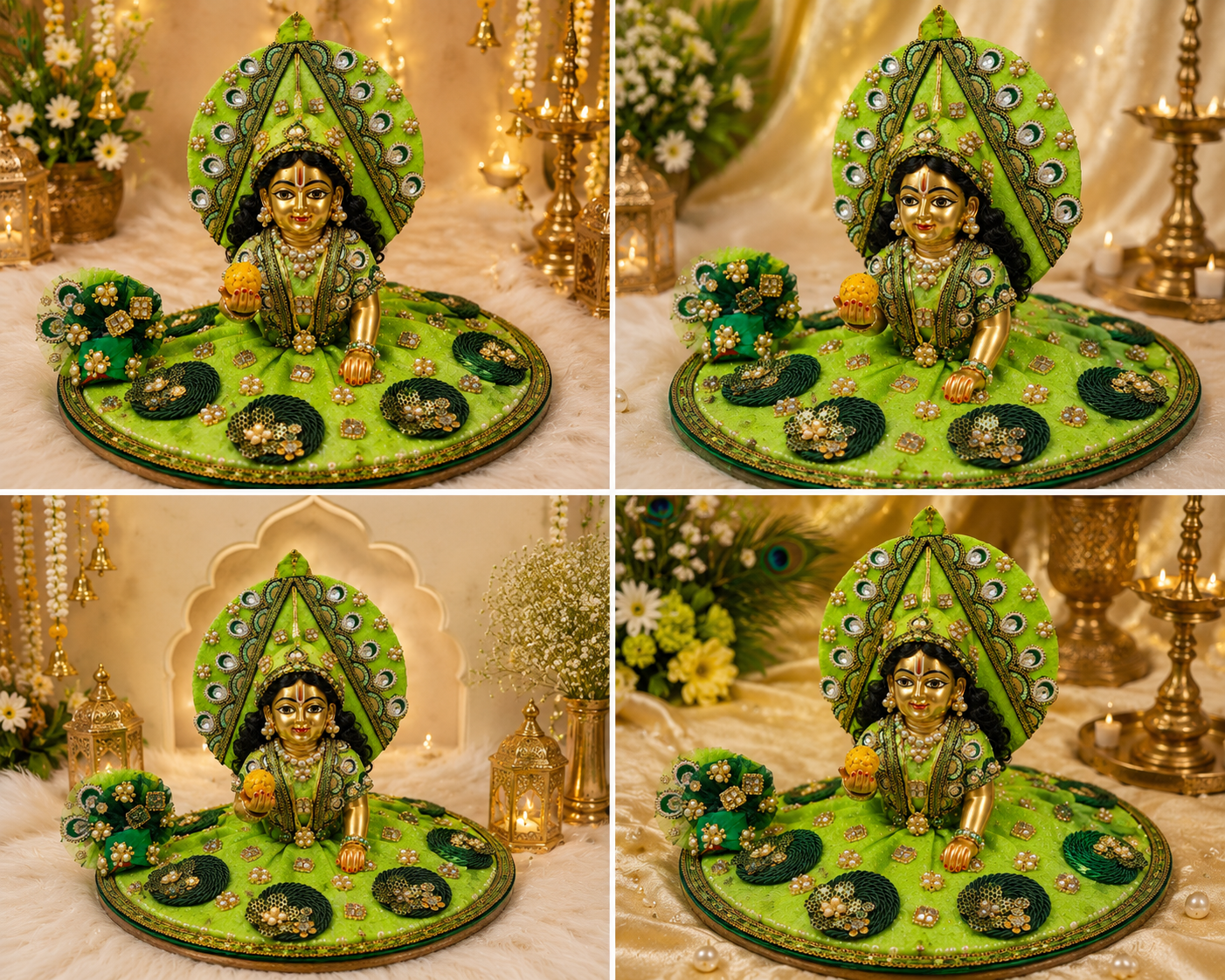 Designer Green Laddu Gopal Dress | Premium Bal Gopal Poshak with Mukut & Jewellery
