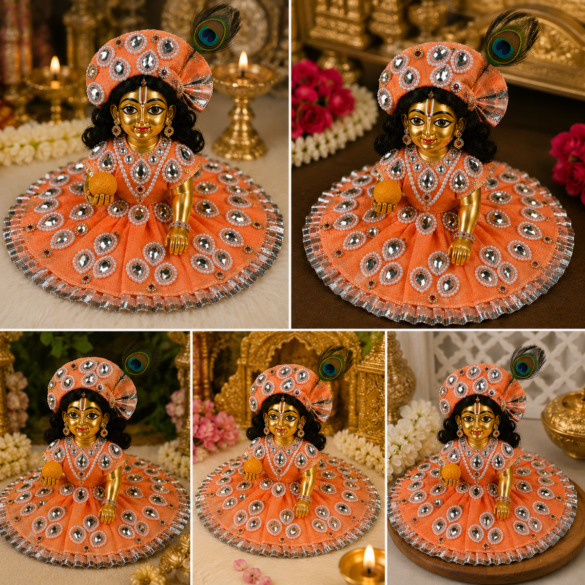 Orange Designer Laddu Gopal Poshak with Stone & Pearl Work