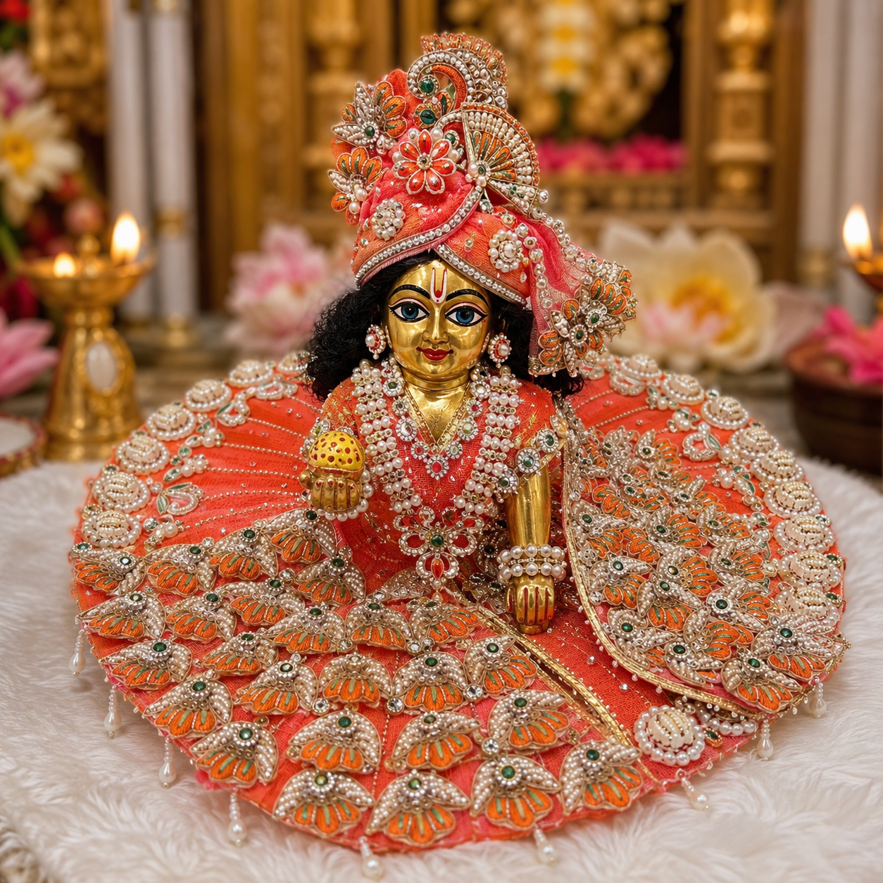 Premium Orange Laddu Gopal Poshak with Mukut | Handmade Dress