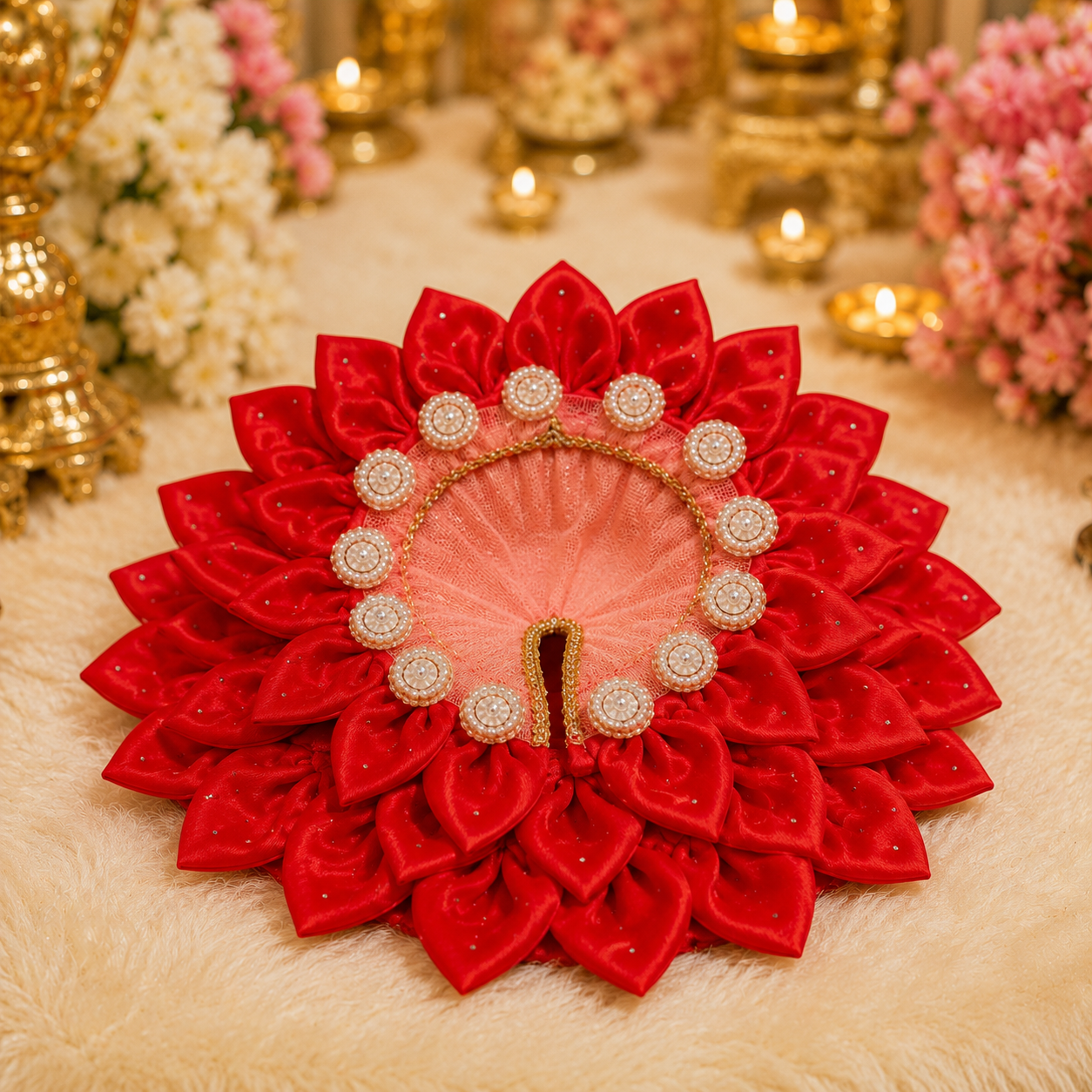 Premium Red Lotus Laddu Gopal Poshak | Handmade Dress