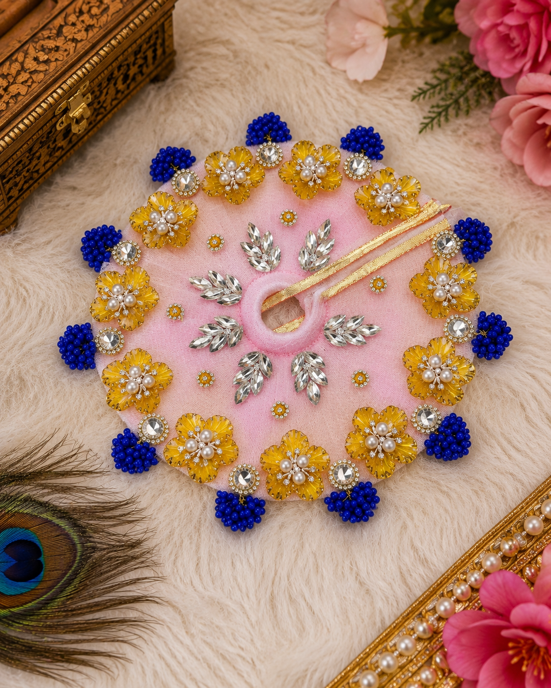 Pink Designer Laddu Gopal Poshak with Golden Flower, Pearl & Blue Bead Work