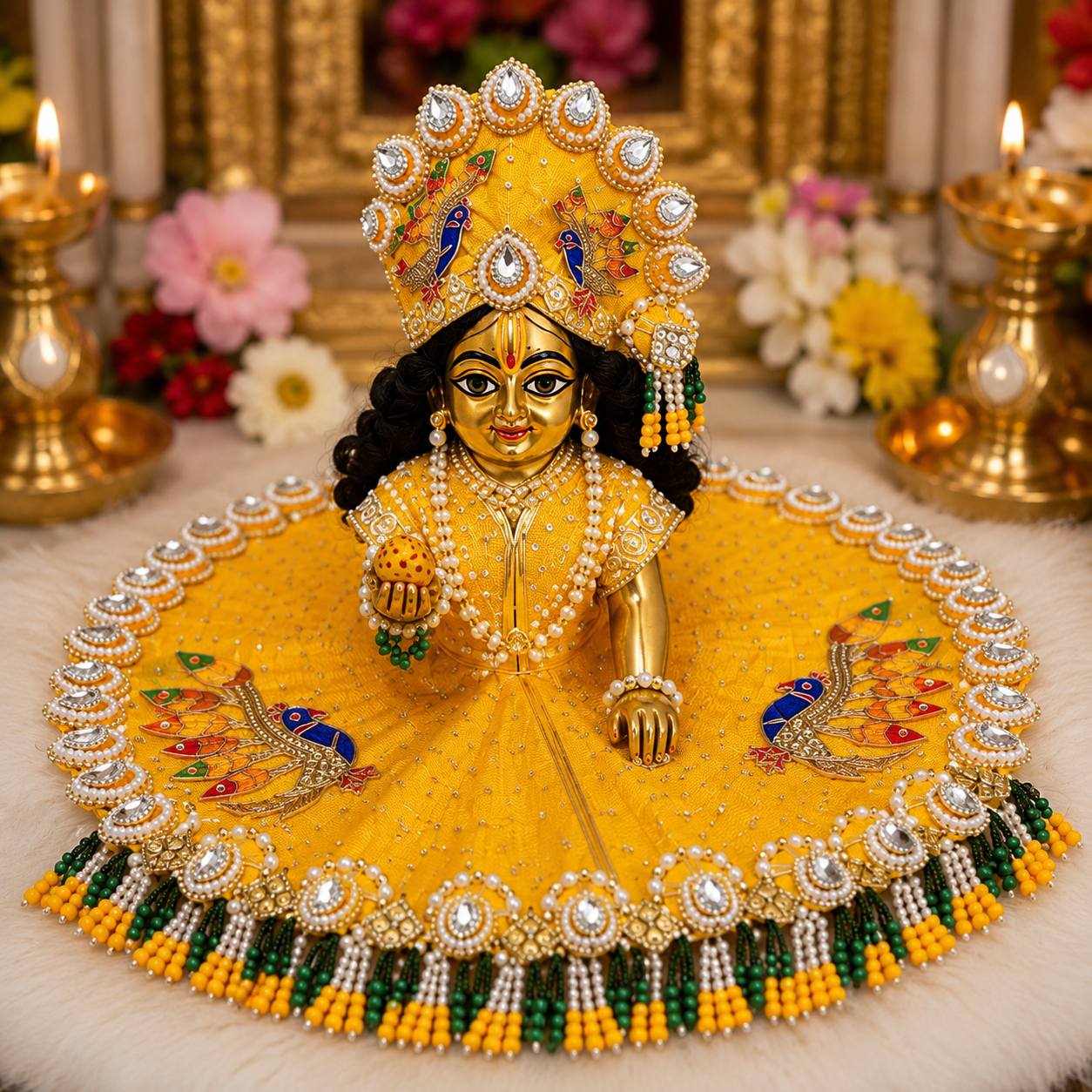 Premium Yellow Laddu Gopal Poshak with Mukut | Peacock Dress