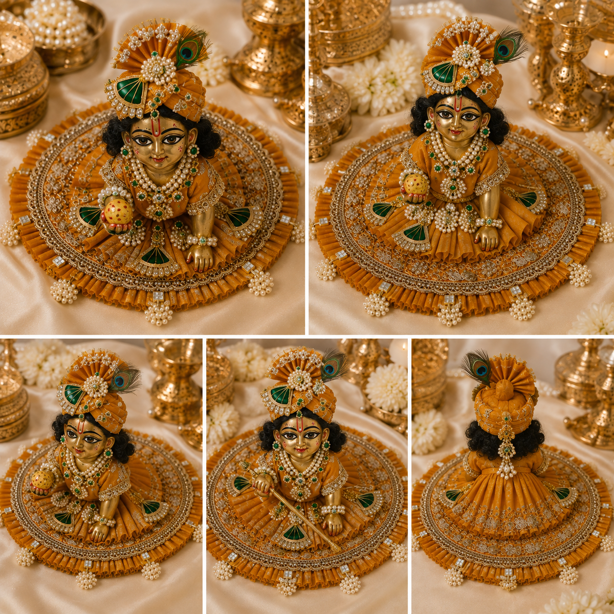 Premium Mustard Yellow Laddu Gopal Poshak with Mukut & Pearl Work