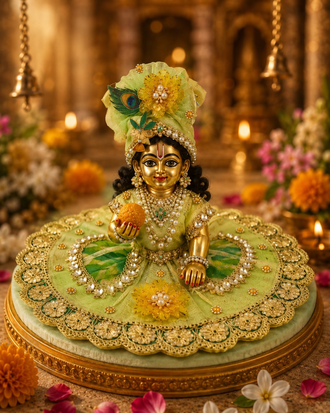 Handmade Laddu Gopal Designer Poshak Set | Premium Pearl Work Dress with Mukut | Thakur Ji Shringar