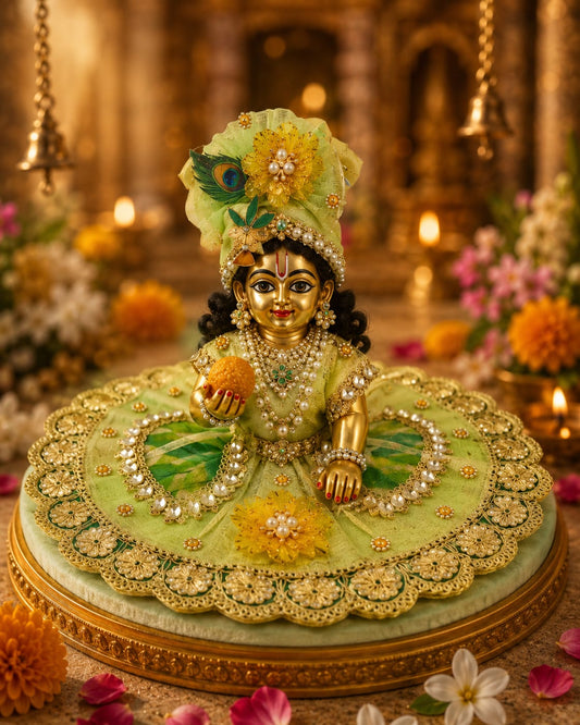 Handmade Laddu Gopal Designer Poshak Set | Premium Pearl Work Dress with Mukut | Thakur Ji Shringar