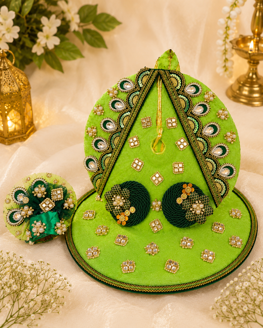 Designer Green Laddu Gopal Dress | Premium Bal Gopal Poshak with Mukut & Jewellery