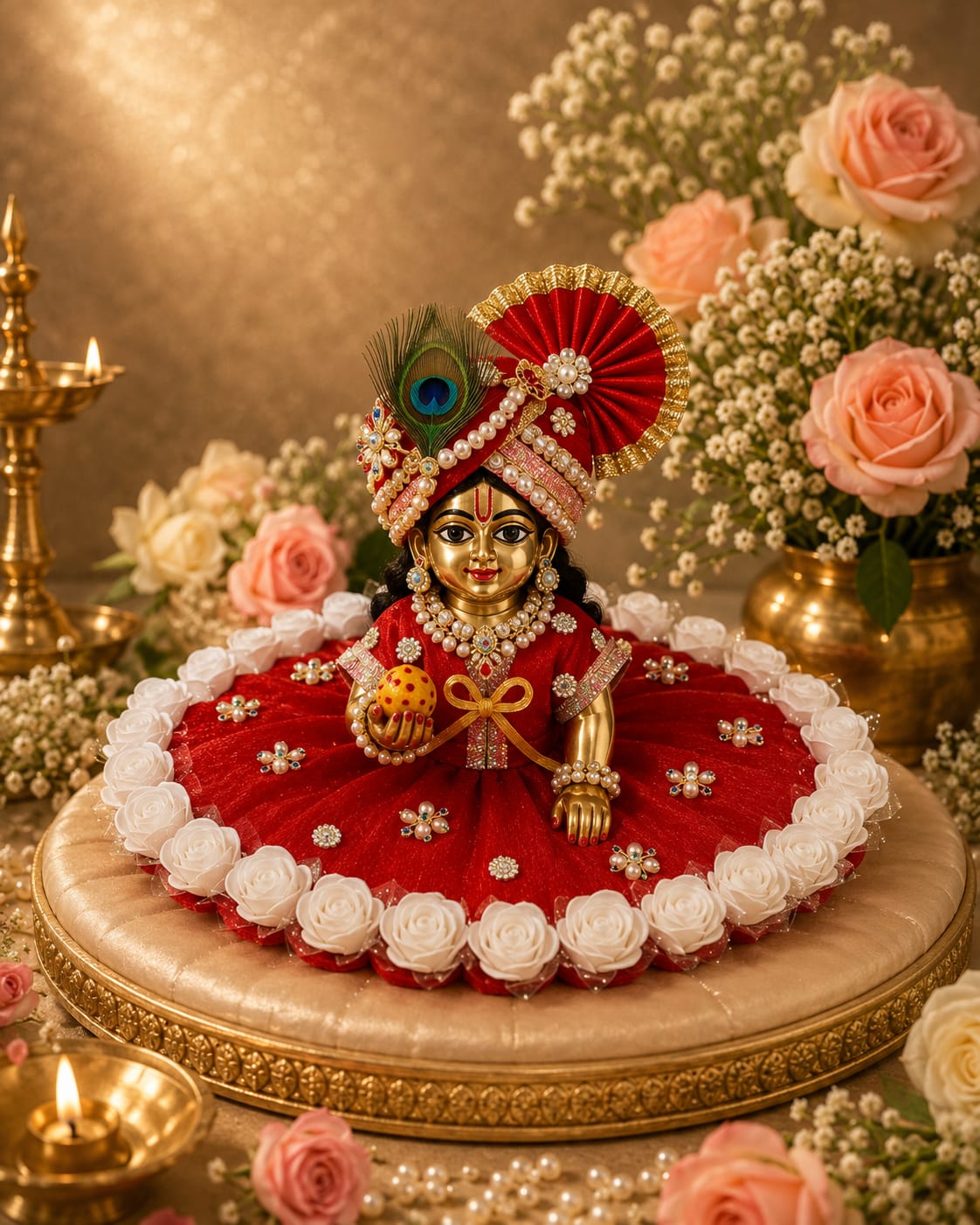 Premium Red Laddu Gopal Poshak with Mukut | Handmade Dress