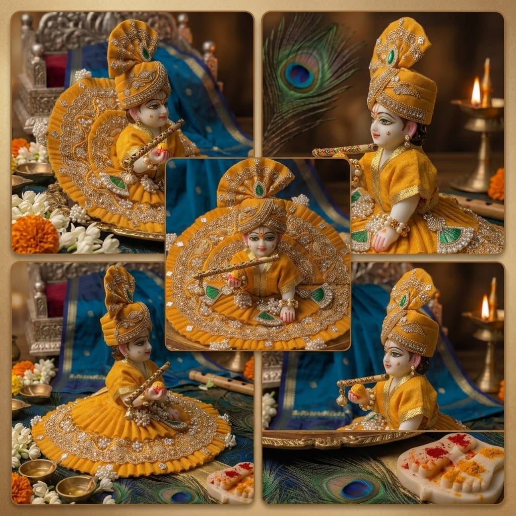 Mustard Yellow Laddu Gopal Poshak with Mukut | Handmade Dress