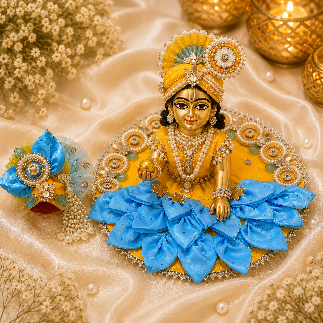 Designer Laddu Gopal Poshak Yellow & Blue | Premium Kanha Ji Dress