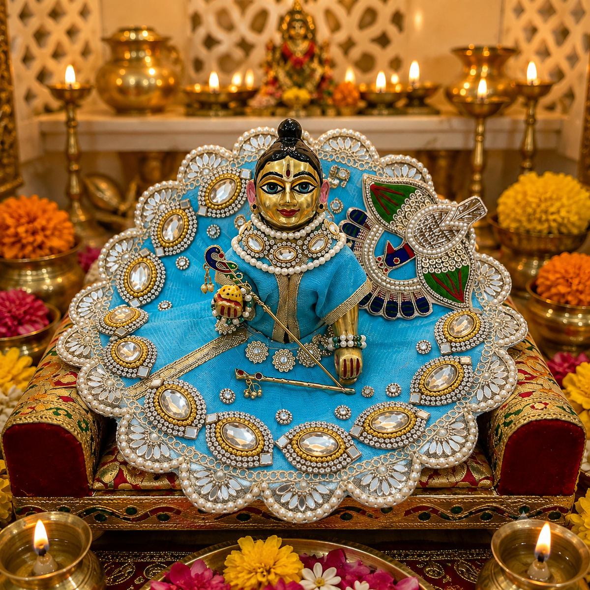 Skyblue Laddu Gopal Poshak with Peacock Design, Kundan Stone & Pearl Work