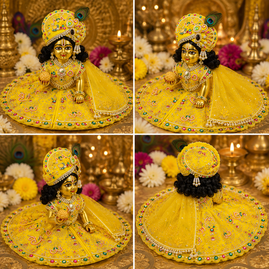 Designer Yellow Laddu Gopal Dress with Mukut | Handmade Krishna Ji Poshak