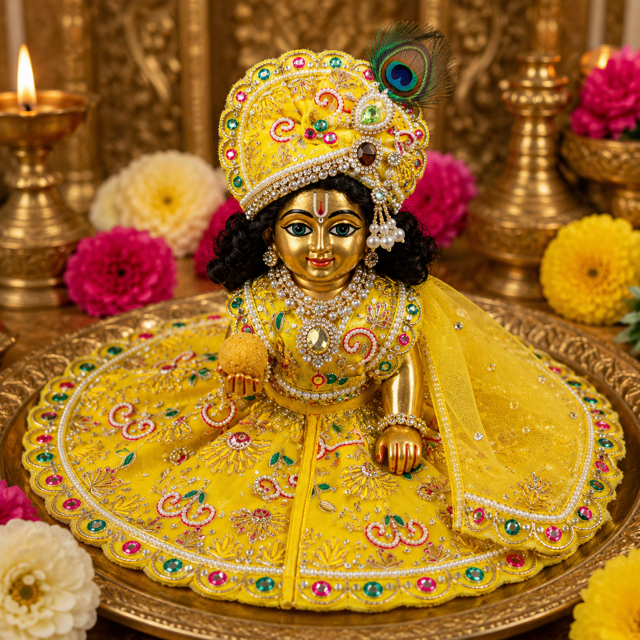 Designer Yellow Laddu Gopal Dress with Mukut | Handmade Krishna Ji Poshak