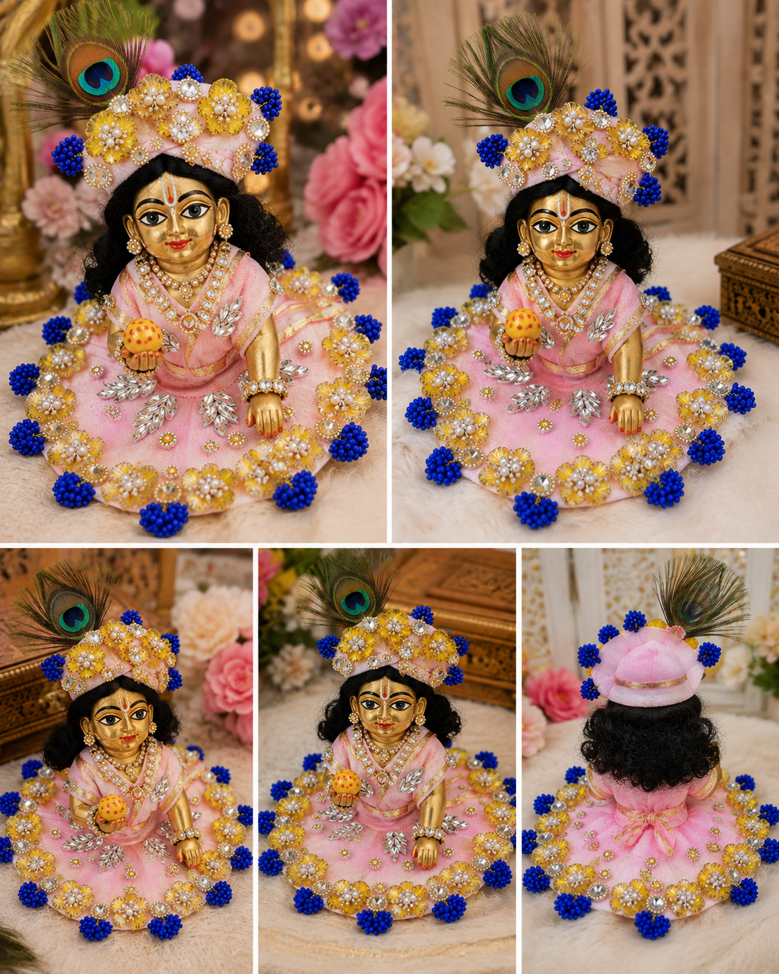 Pink Designer Laddu Gopal Poshak with Golden Flower, Pearl & Blue Bead Work