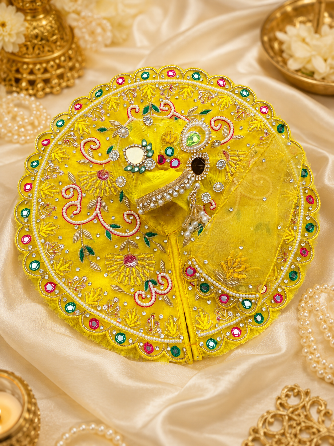 Designer Yellow Laddu Gopal Dress with Mukut | Handmade Krishna Ji Poshak