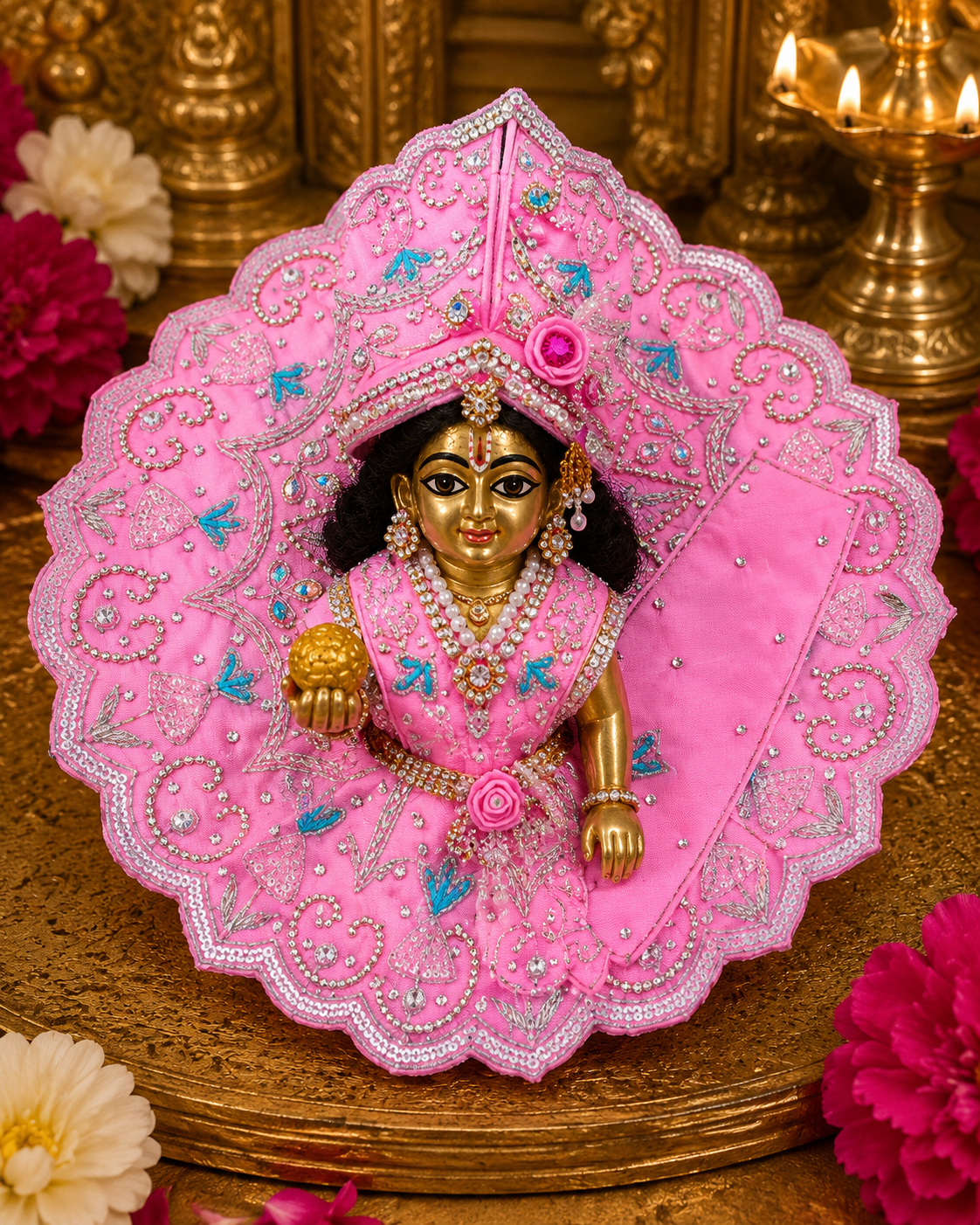 Designer Pink Laddu Gopal Dress with Mukut | Heavy Handwork Krishna Ji Poshak