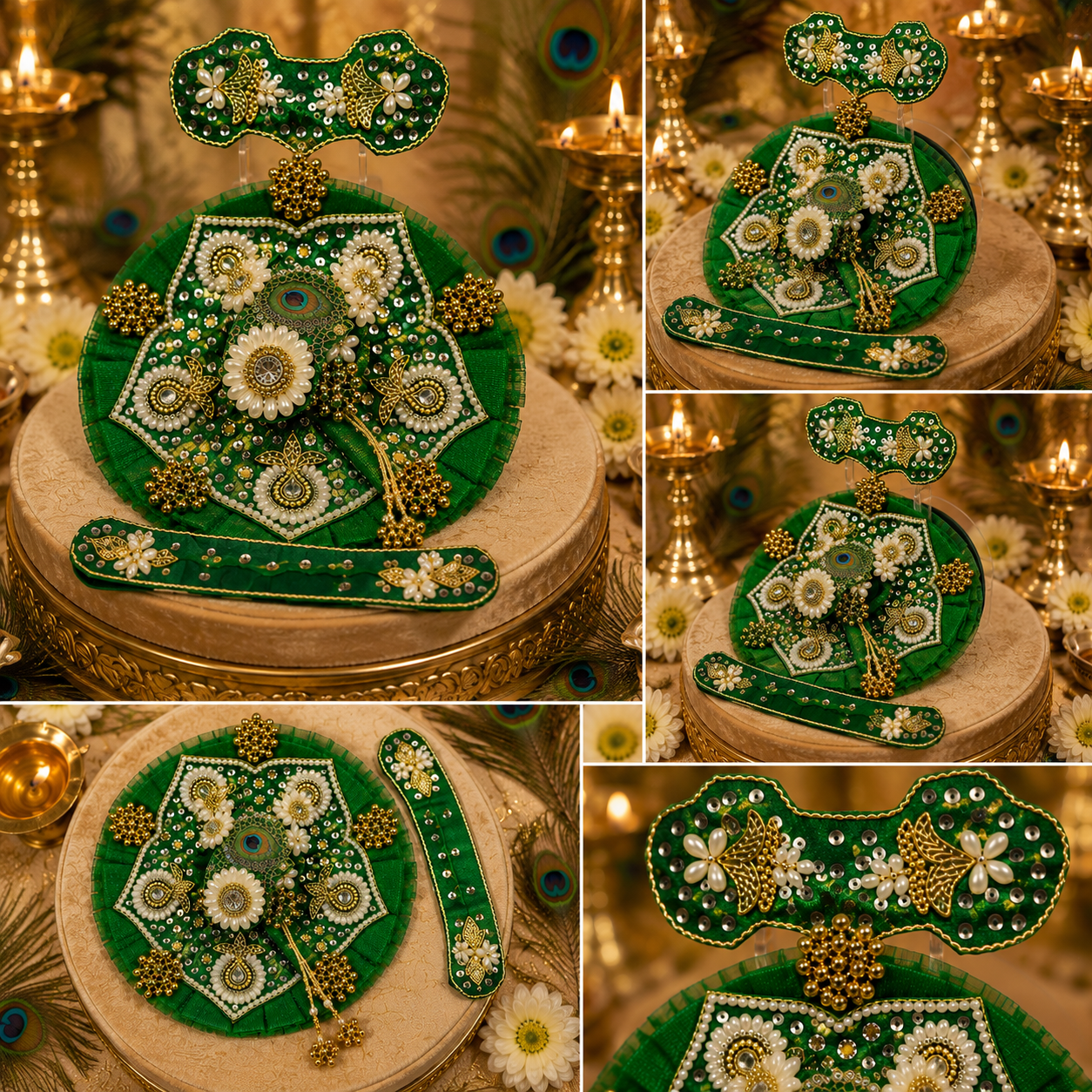 Emerald Green Laddu Gopal Dress | Designer Mukut & Pearl Embroidery Poshak