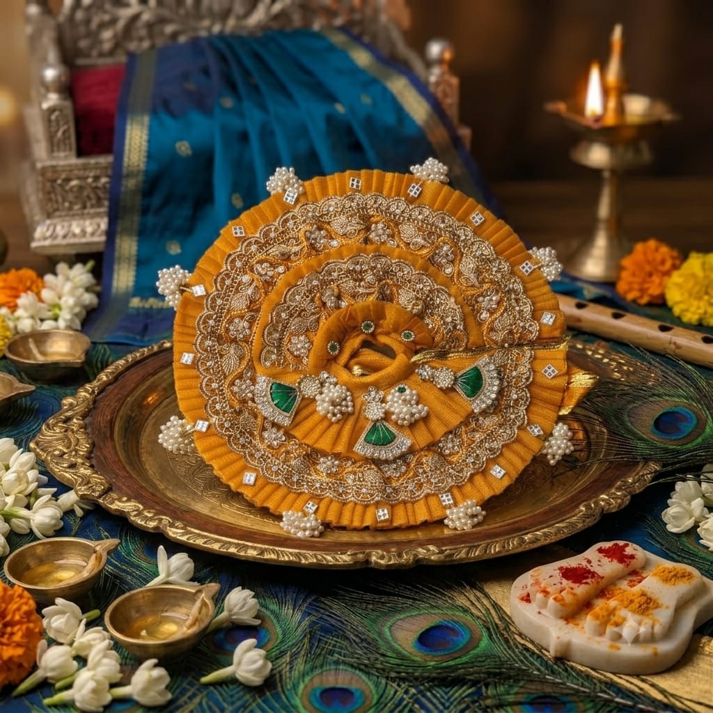 Mustard Yellow Laddu Gopal Poshak with Mukut | Handmade Dress