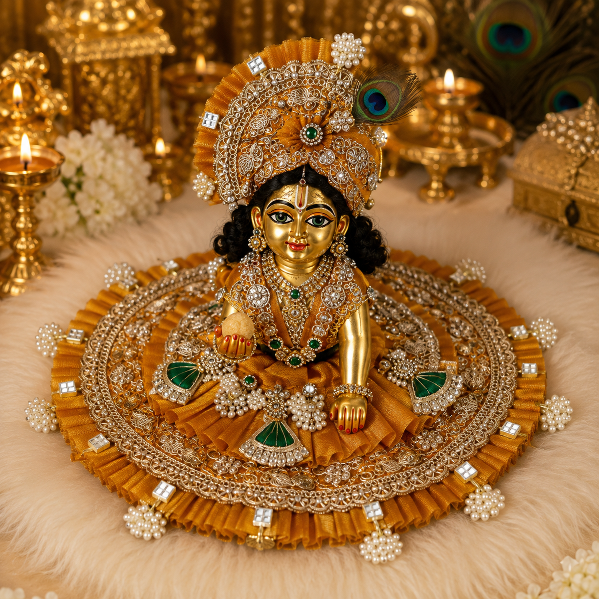 Premium Mustard Yellow Laddu Gopal Poshak with Mukut & Pearl Work