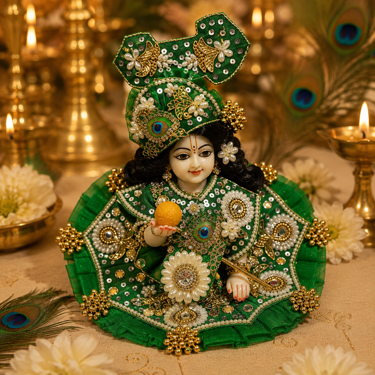 Emerald Green Laddu Gopal Dress | Designer Mukut & Pearl Embroidery Poshak