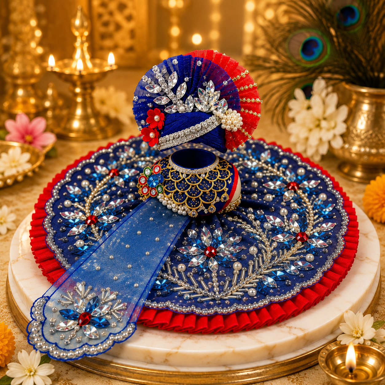 Premium Blue Red Laddu Gopal Poshak with Designer Mukut