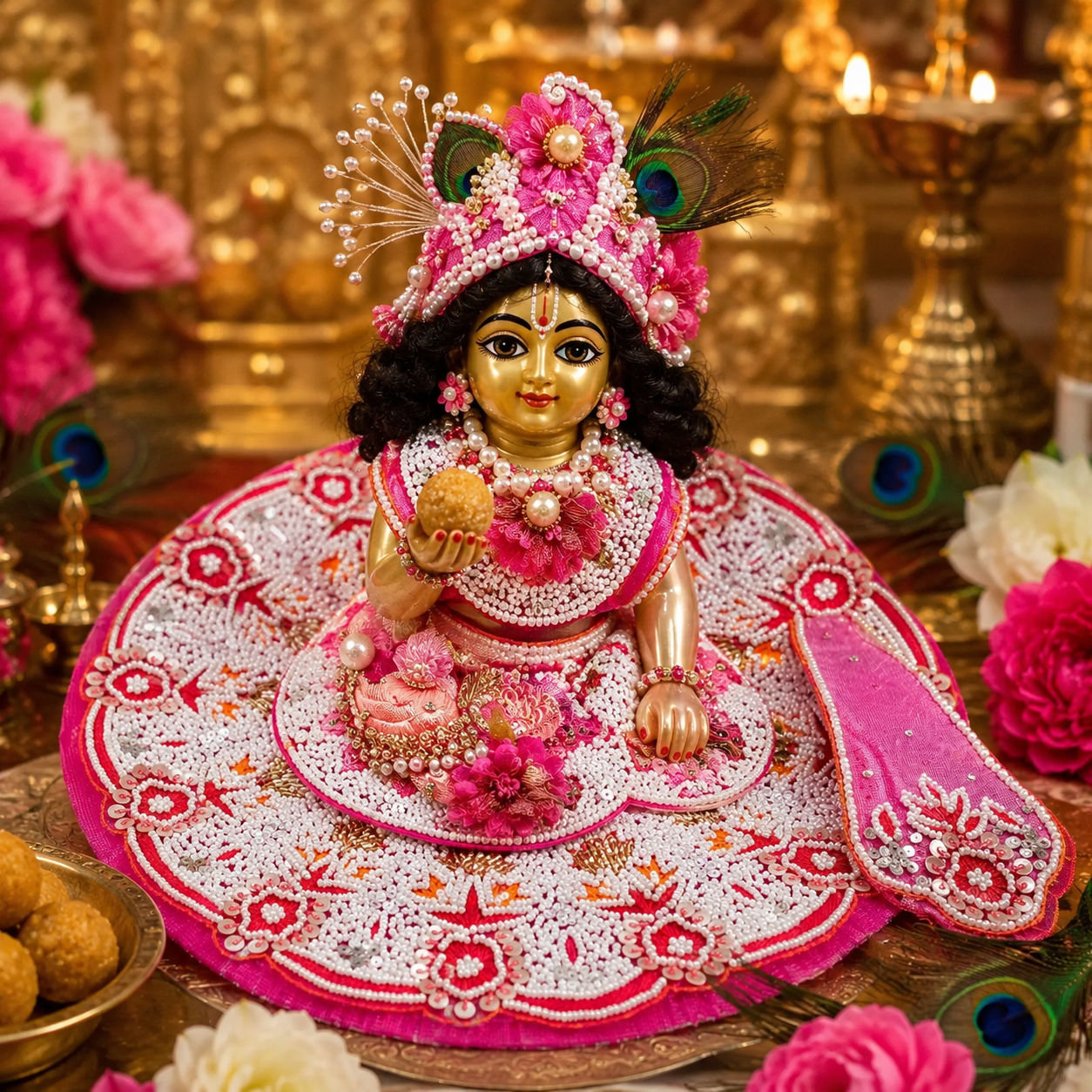 Handmade Pink Laddu Gopal Dress with Mukut | Heavy Pearl Embroidery Krishna Ji Poshak