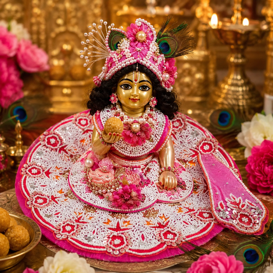 Handmade Pink Laddu Gopal Dress with Mukut | Heavy Pearl Embroidery Krishna Ji Poshak