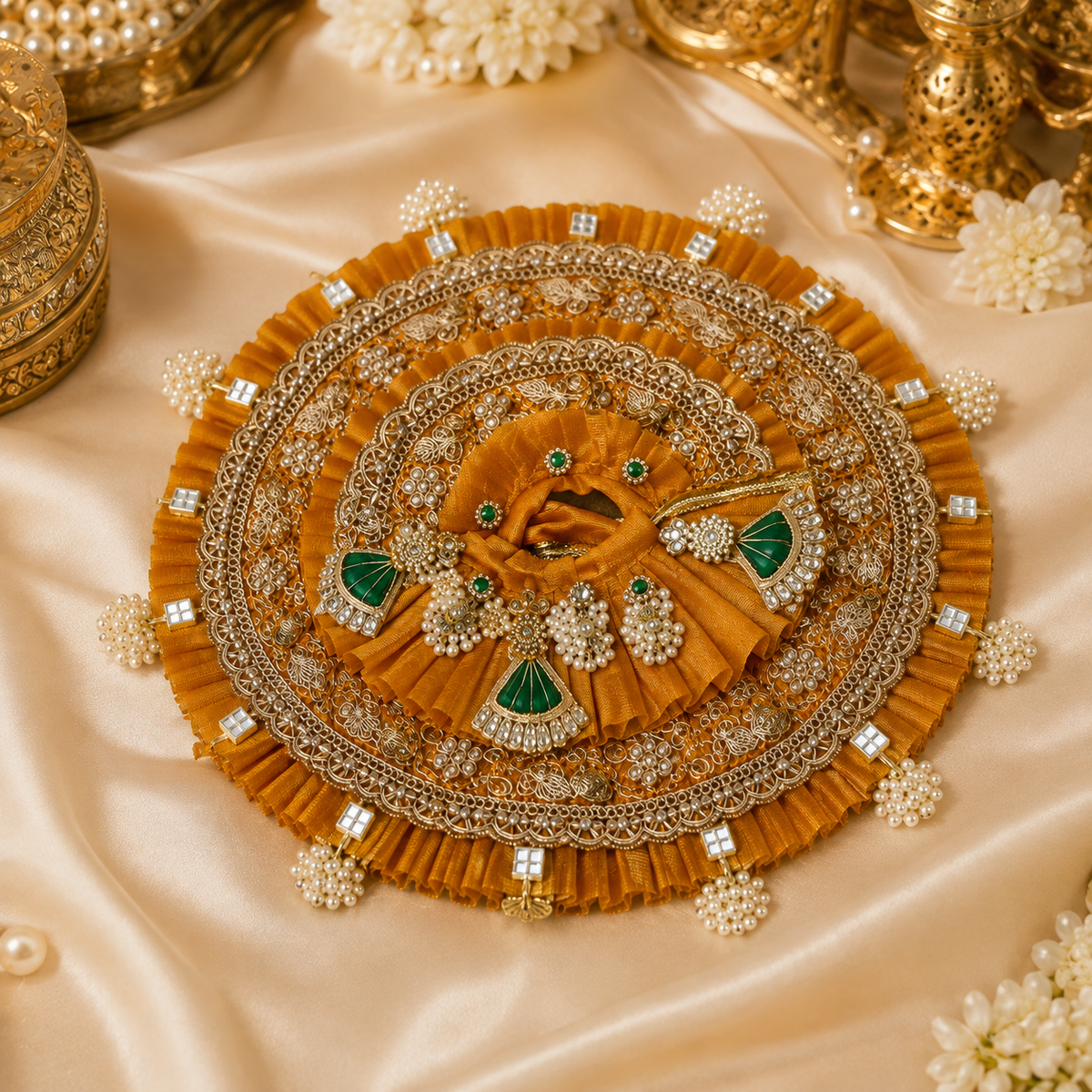 Premium Mustard Yellow Laddu Gopal Poshak with Mukut & Pearl Work