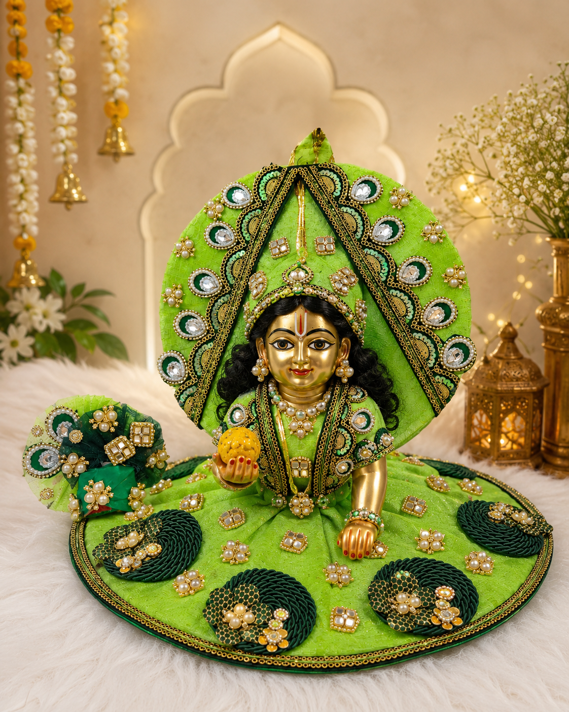 Designer Green Laddu Gopal Dress | Premium Bal Gopal Poshak with Mukut & Jewellery