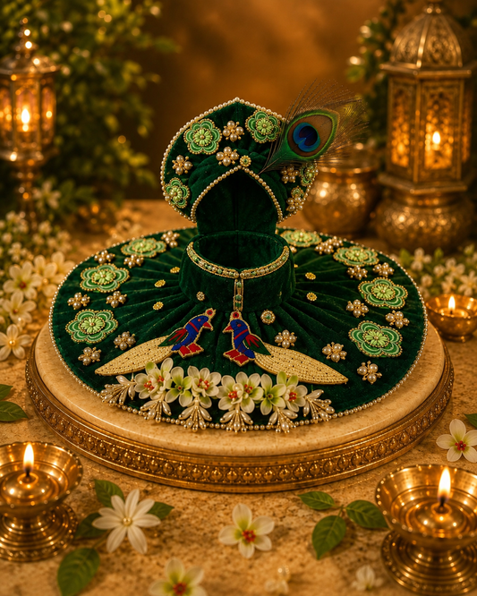 Green Velvet Laddu Gopal Dress with Mukut | Krishna Poshak