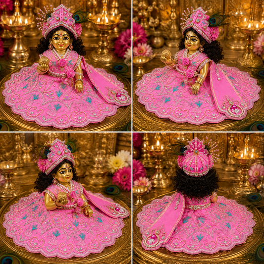 Designer Pink Laddu Gopal Dress with Mukut | Heavy Handwork Krishna Ji Poshak