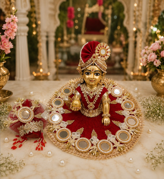 Red Designer Laddu Gopal Poshak with Mukut | Premium Dress