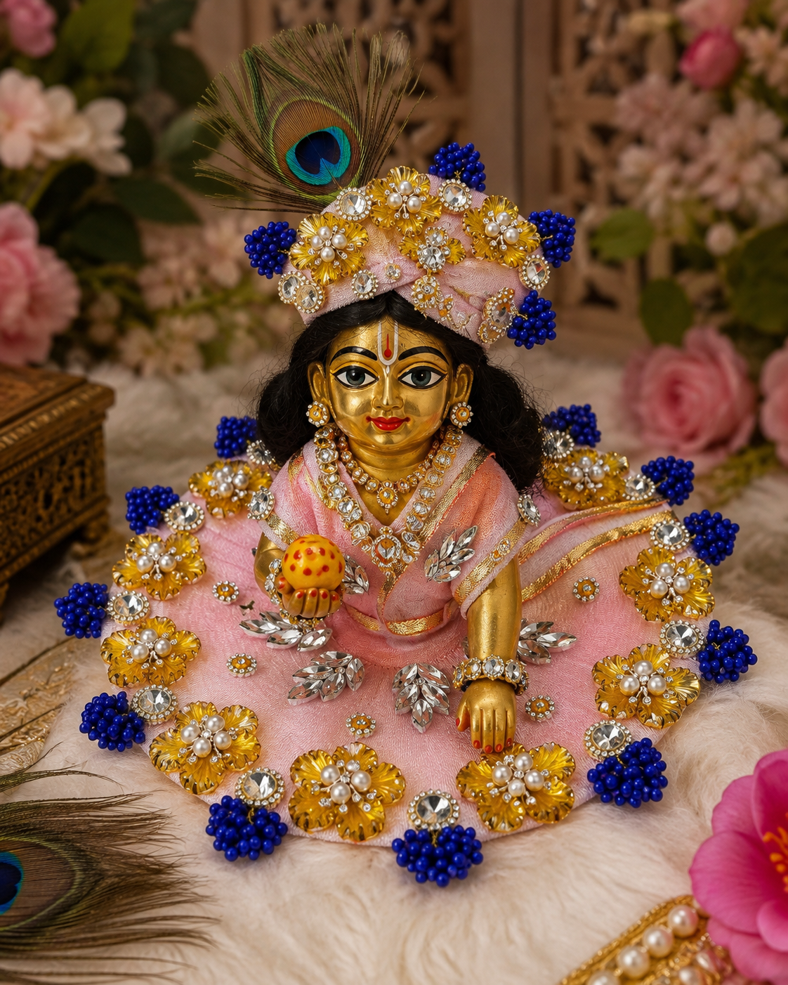 Pink Designer Laddu Gopal Poshak with Golden Flower, Pearl & Blue Bead Work